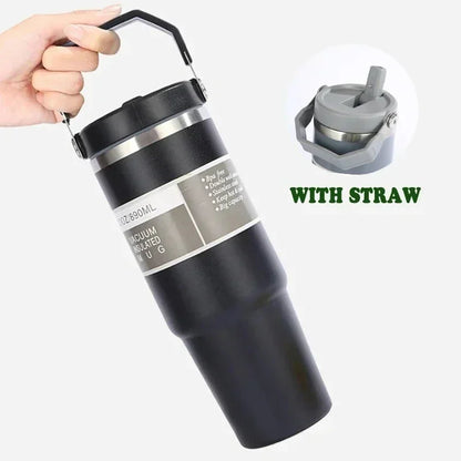 900ml Portable Car Cup Stainless Steel Thermos Cup with Straw Travel Sports Water Bottle With Handle Cover Coffee Vacuum Flask