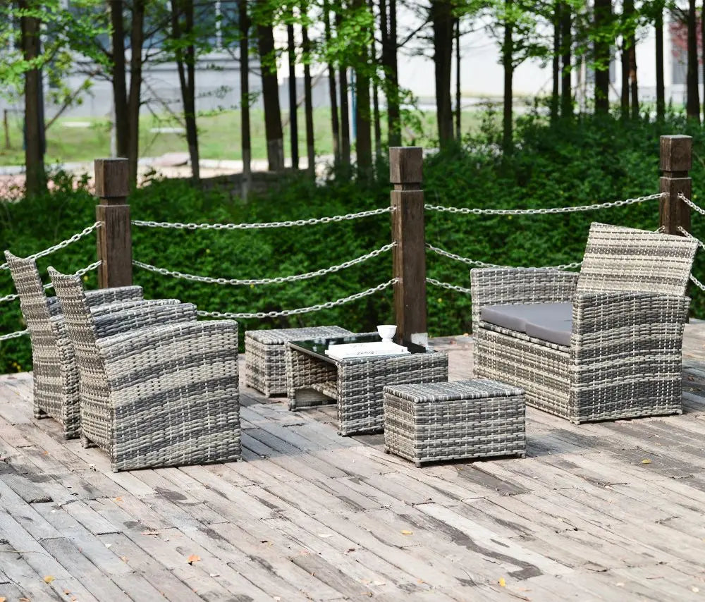 6 Pieces Garden Outdoor Patio Rattan Furniture Set, 6 Seater Sofa Set with Coffee Table & Footstools, Grey Rattan with Cushion