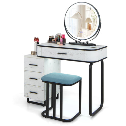 GOFLAME Vanity Table Set with Lighted Mirror, Makeup Table with Cushioned Stool