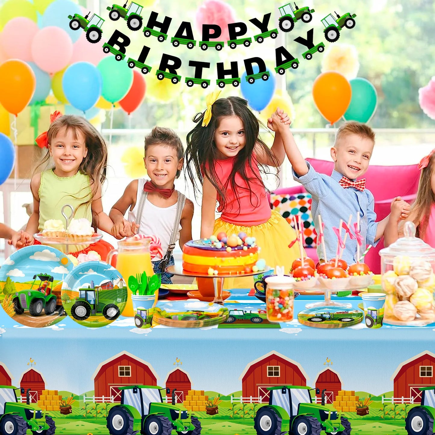 Tractor Birthday Party Supplies,130 pcs Decorations Tableware Pack-Tractor Plates and Napkins Cups Tablecloth&Banner etc