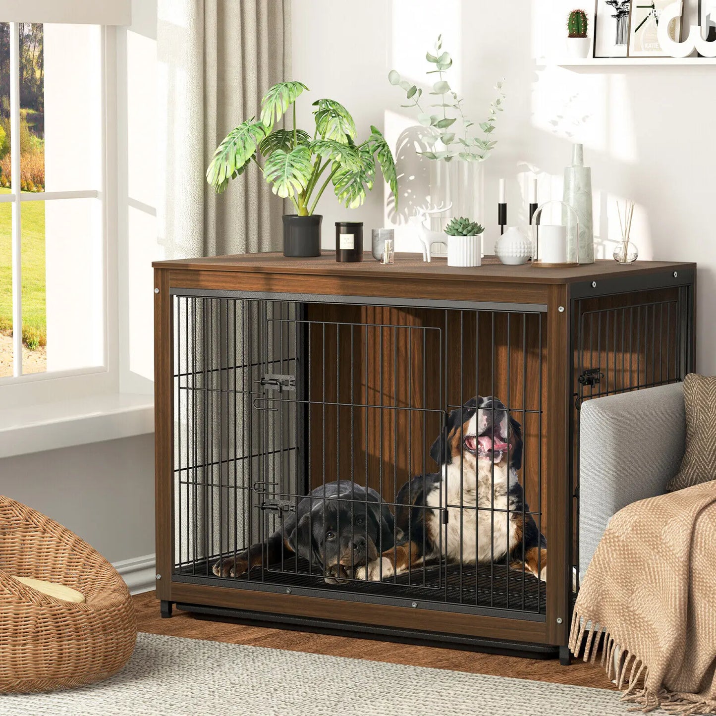 Wooden and Metal Pet Cage, Dog Crate, End Table Furniture, Double Doors, Removable Tray, Cage, Kennel House, 25 in, 32 in, 39 in