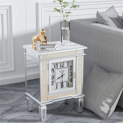 Silver Mirrored Glass Bedside Table Nighstand Side Table Cabinet with Quartz Clock and Storage Cabinet