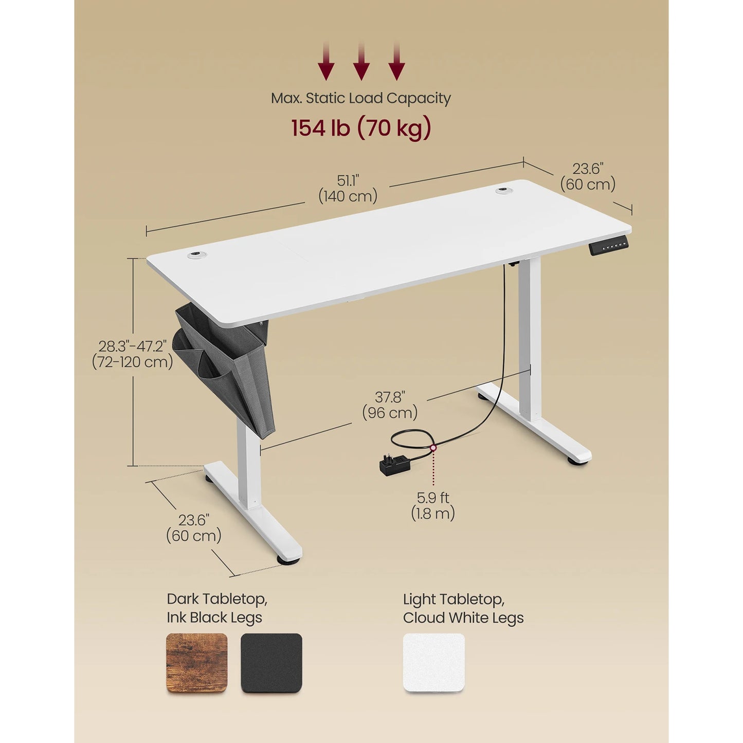 VASAGLE Electric Standing Desk, Height Adjustable Desk, 60 x 140 x (72-120) cm, 4 Memory Heights, Storage Pocket