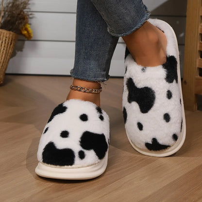 Pallene Cow milk Fuzzy Slippers Women Winter Cartoon Fur Slippers Soft Cozy Plush House Shoes Female Bedroom Cute Furry Slides