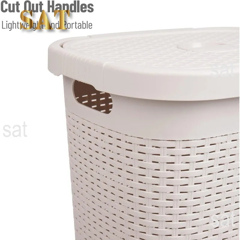 50L Slim Laundry Hamper, Clothes Basket, Lid, Wicker Design, Plastic, 17.65"L x 13.75"W x 21"H