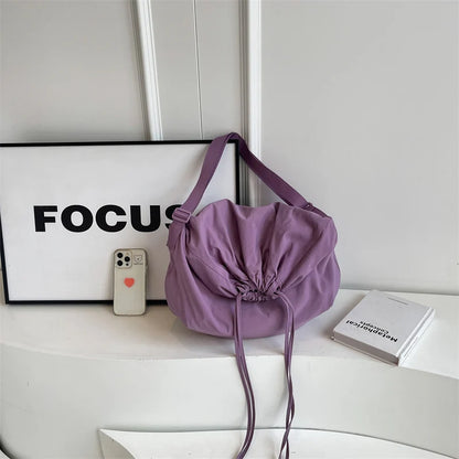 Women Drawstring Shoulder Bag Large Capacity Simple Crossbody Bag Solid Color Lightweight Shopping Bag Girls Outdoor Bag