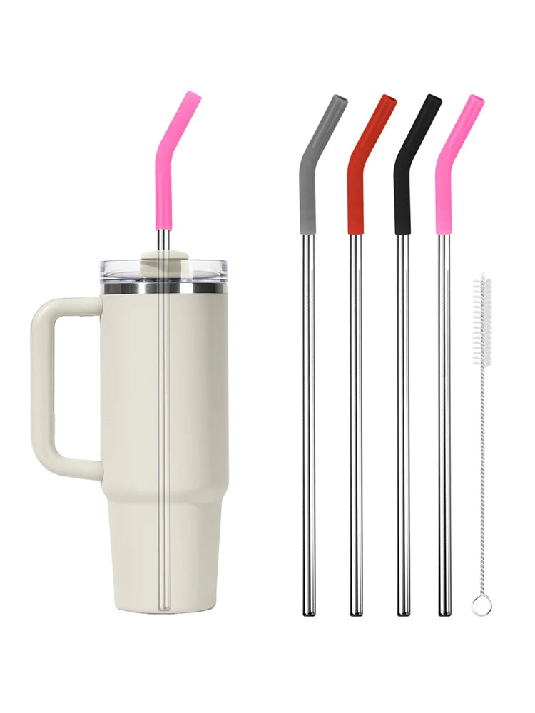 4Pcs Long Metal Straw with Silicone Tips Straw Brush Reusable Metal Straws with Silicone Tips for Stanley 40oz Cup Accessories