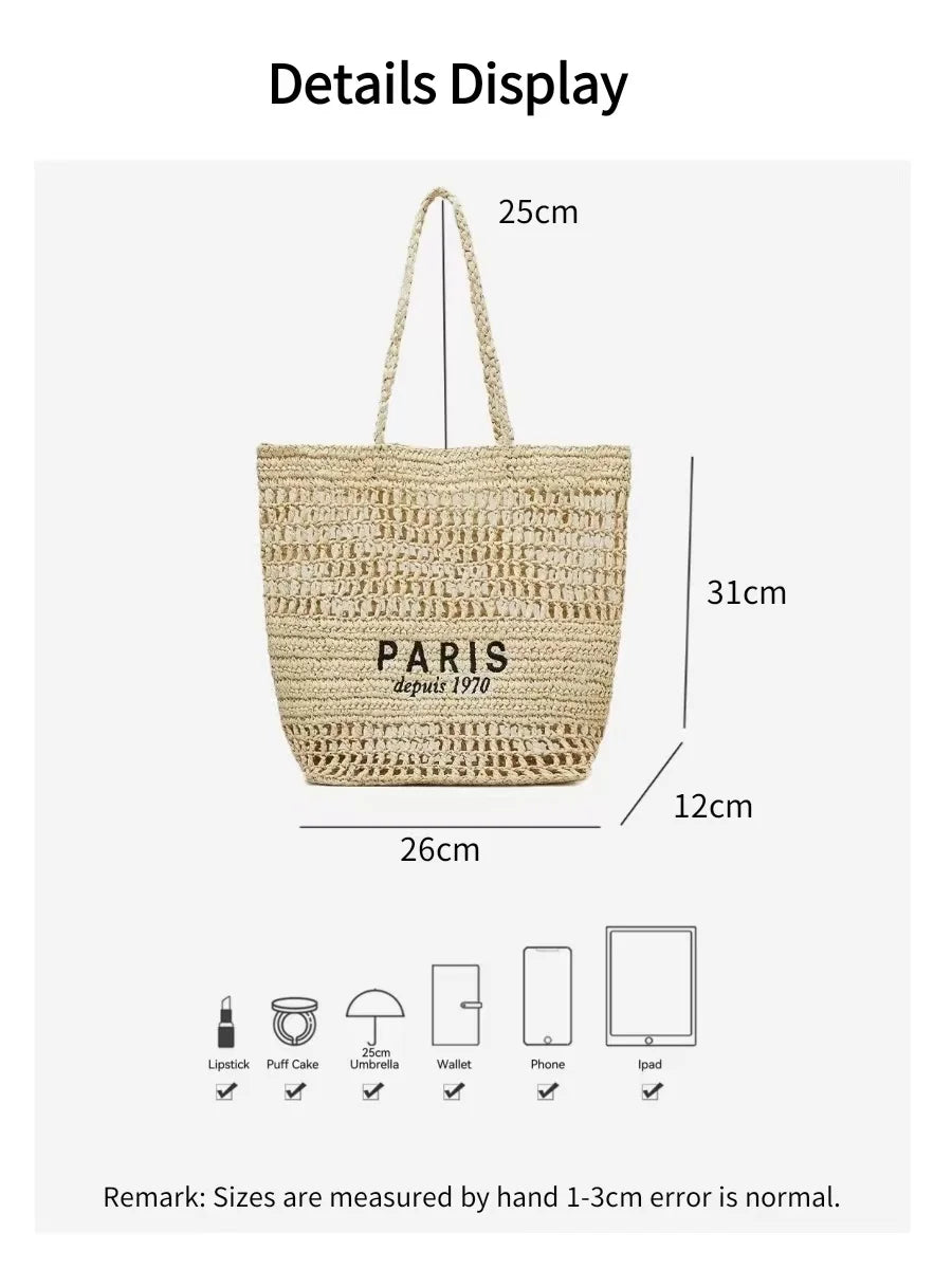 Women Summer Beach Vacation Fashion Straw Knitting Shoulder Bag Hollow Out Handwoven Handbag Portable Large Capacity Casual Tote