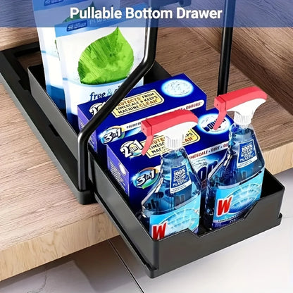 1pc 2-Tier L-Shape Sliding Spice Rack & Under Sink Organizer for Kitchen & Bathroom - Narrow Space Pull Out Cabinet Drawer Organ