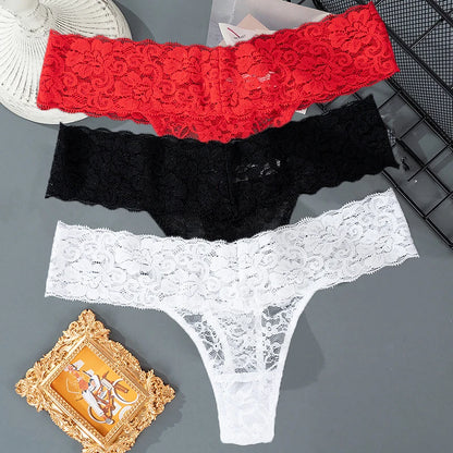 3PCS Lace Floral Women Panties Low Waist Breathable Briefs Female Thong Underwear M-2XL Solid Sexy G-String Transparent Panty