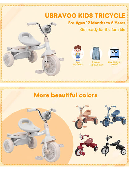 UBRAVOO Baby Foldable Tricycle Trike with Pedals,Unique PU Wheels with Elasticity Shock-absorbing Effect,Cool Lights,1-5 Years