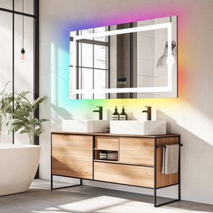 Rectangular LED Bathroom Mirror, Front-lit, RGB Backlight, Touch Antifog Vanity Mirror with Date and Time Bluetooth Speaker