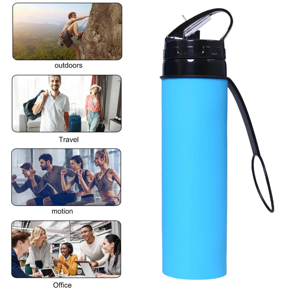 600ml Portable Water Cup Lightweight Silicone Sports Bottle Reusable Foldable Detachable with Suction Tubes Outdoor Accessories