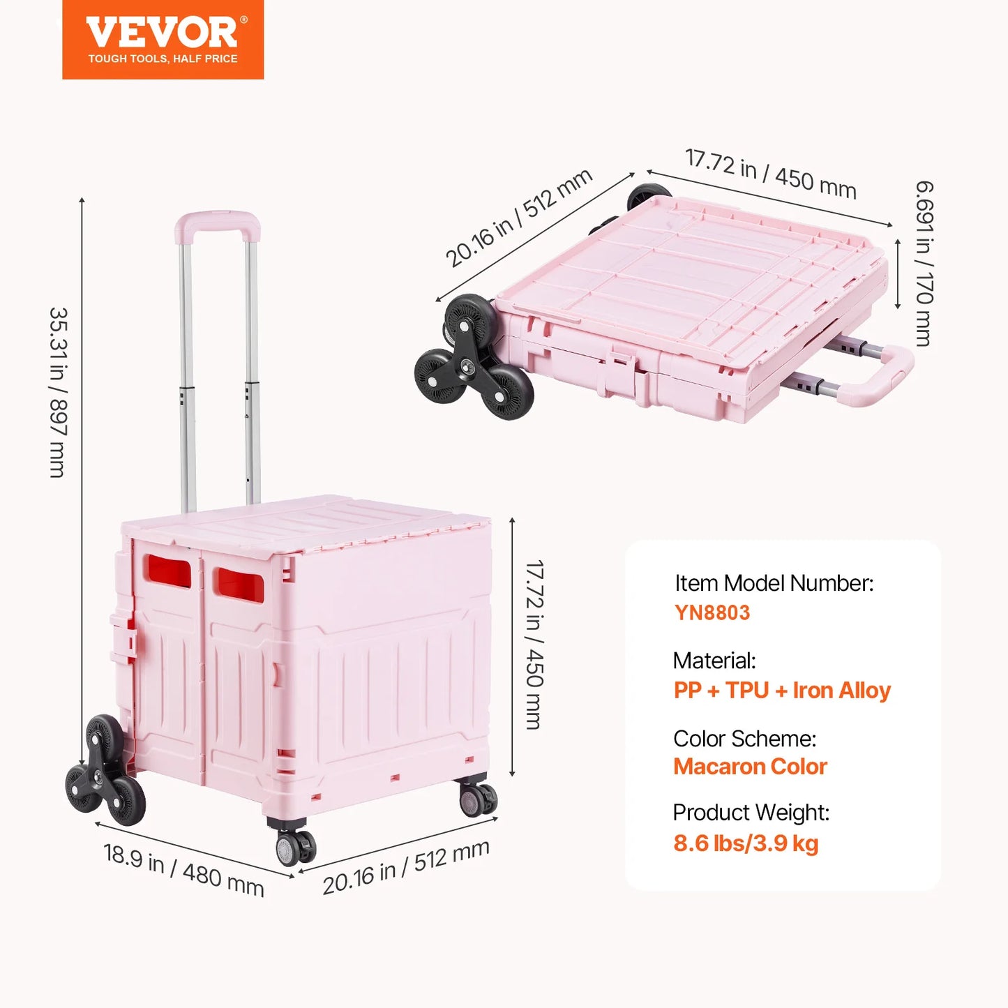 VEVOR 150lbs Stair Climbing Cart 65L Foldable Utility Hand Cart with Wheels Collapsible Crate Rolling Cart for Shopping Office