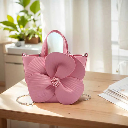 Premium PU Leather Flower Clutch Purse with Detachable Chain Elegant Bucket Bag for Weddings and Parties