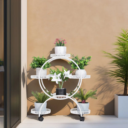 6 Potted Metal Plant Stand Garden Cart Flower Pots Rack Holder Display Shelf with Wheels for Patio Porch Balcony Decoration