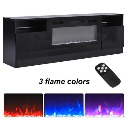 KOMORE Recessed Electric Fireplace TV Stand with Closed Storage, Overheating Protection, 12 Colors, 1-8H timer, Black&White