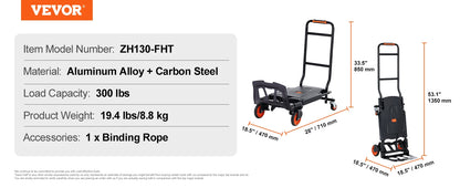 VEVOR Aluminum Folding Hand Truck Heavy Duty Industrial Collapsible Dolly Cart for Transport and Moving in Warehouse Supermarket