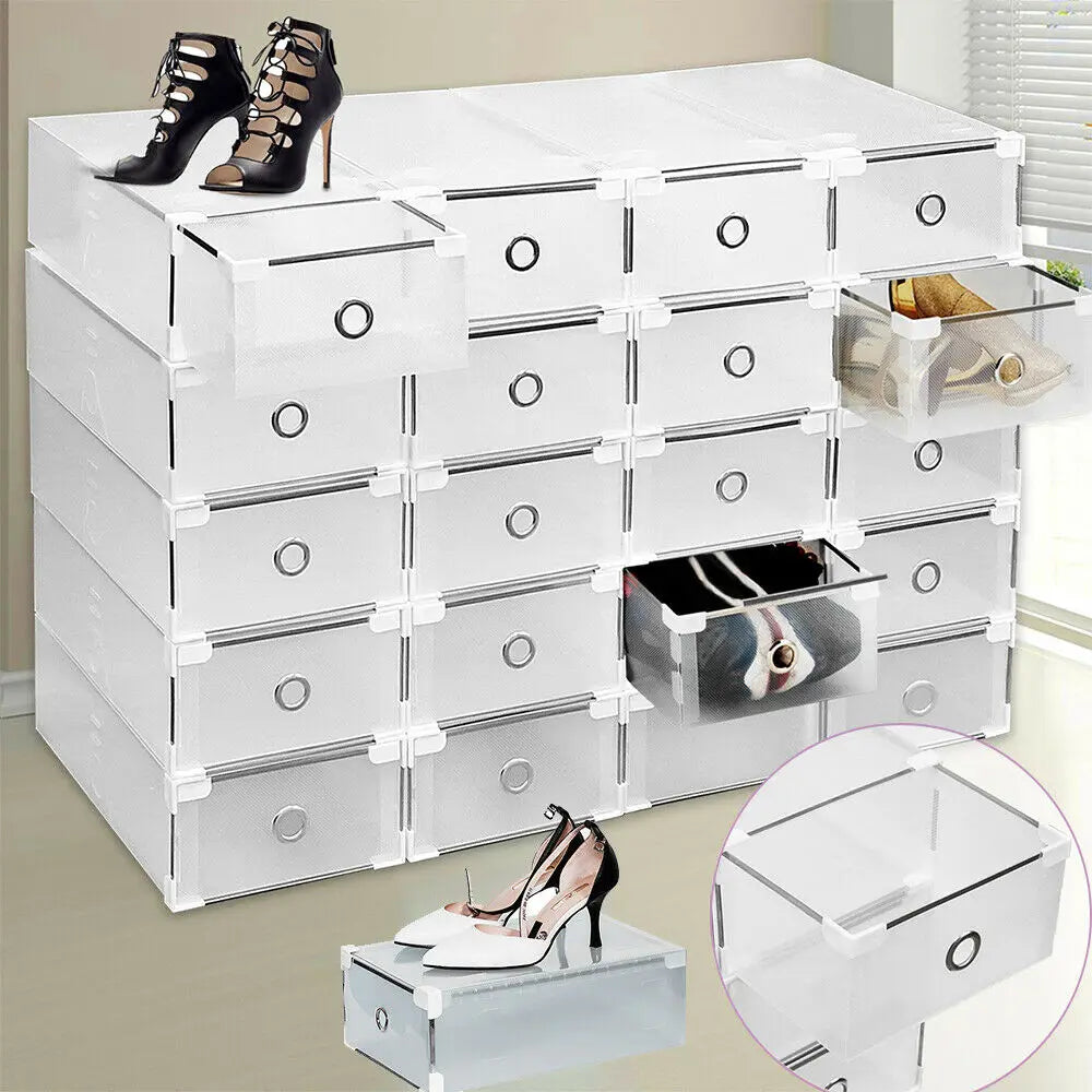 Set of 20 Clear Shoe Boxes Storage Organizer Containers with Lids, Stackable Suitable for Women's, Men's and Children's or Socks