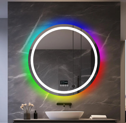 Round/Sqaure RGB LED Bathroom Mirror with Bluetooth Speaker Front-lit and Backlight Wall Dimmable Antifog  Vanity Mirror