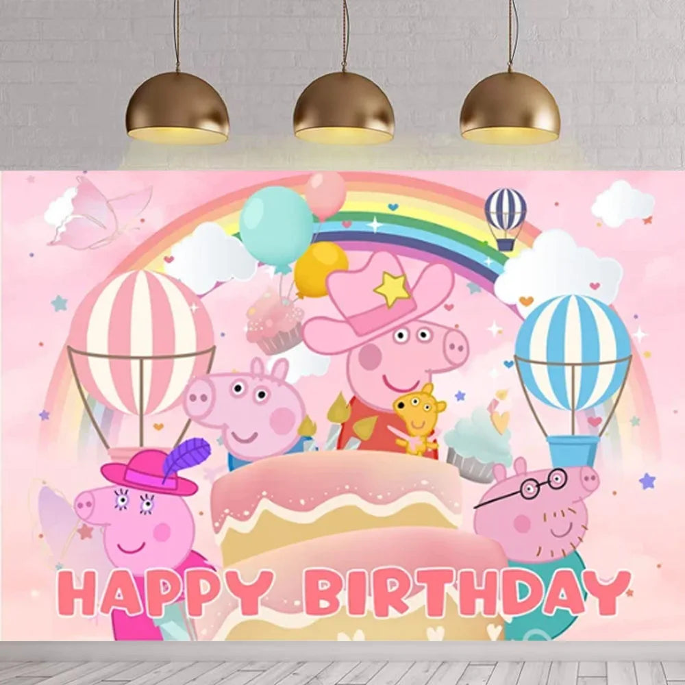 Peppaed Pig Birthday Party Decoration Banner Cartoon George Page Balloons Paper Plates Disposable Tableware Decor Background