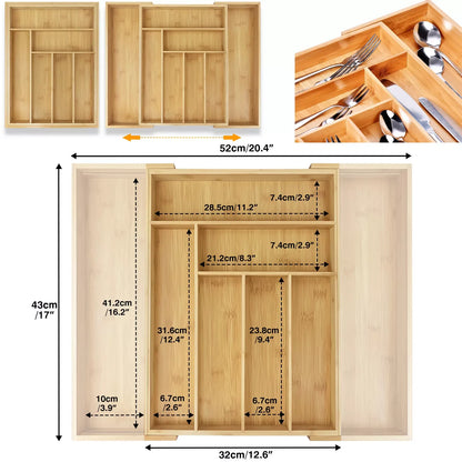 VickyHome Extendable Bamboo Cutlery Tray Kitchen Drawer Organiser 6-8 Storage Compartments