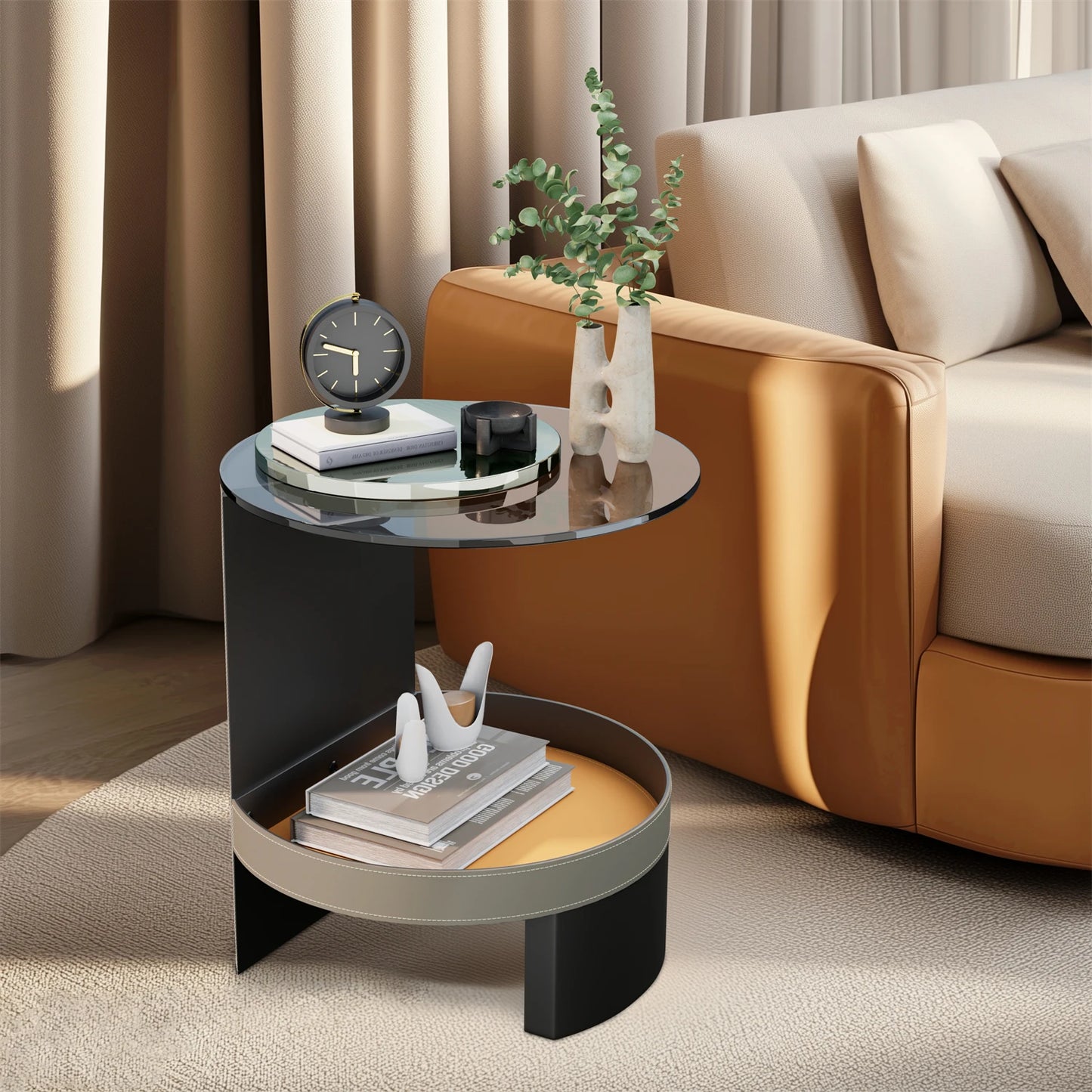 Unique 2-Tier Side End Table with Tempered Glass Top, Saddle Leather Shelf, Coffee Accent Table for Living Room and Bedroom