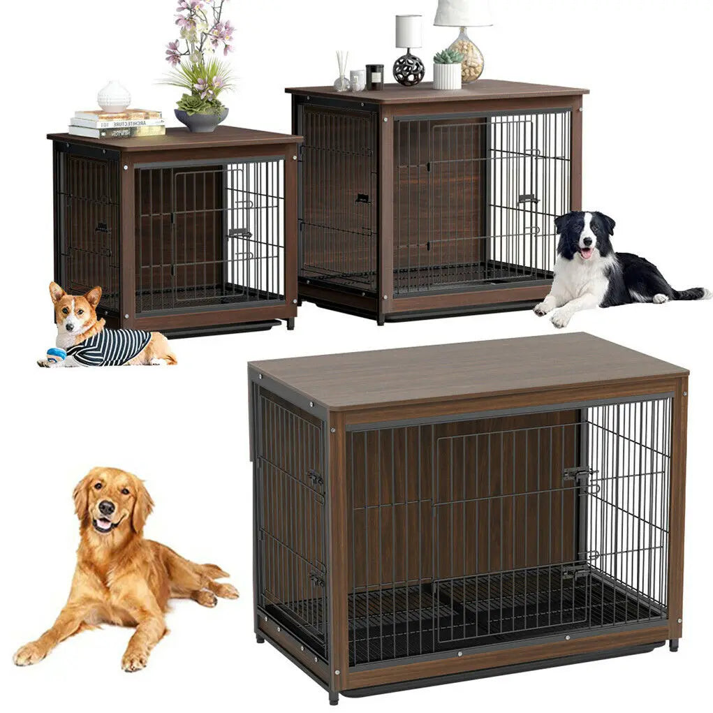 Wooden and Metal Pet Cage, Dog Crate, End Table Furniture, Double Doors, Removable Tray, Cage, Kennel House, 25 in, 32 in, 39 in