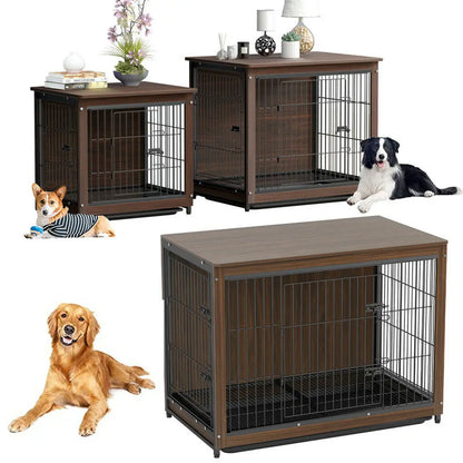 Wooden and Metal Pet Cage, Dog Crate, End Table Furniture, Double Doors, Removable Tray, Cage, Kennel House, 25 in, 32 in, 39 in