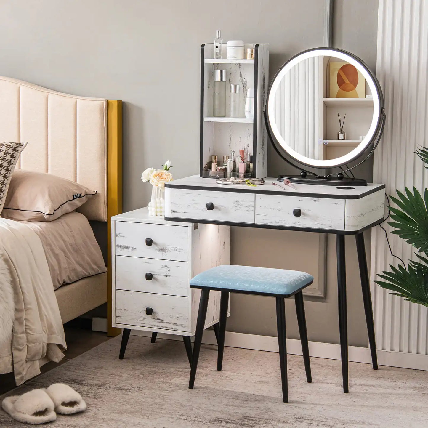 GOFLAME Vanity Set with 3-Color Lighted Mirror, Makeup Table w/ Cushioned Stool, 3-Drawer Chest