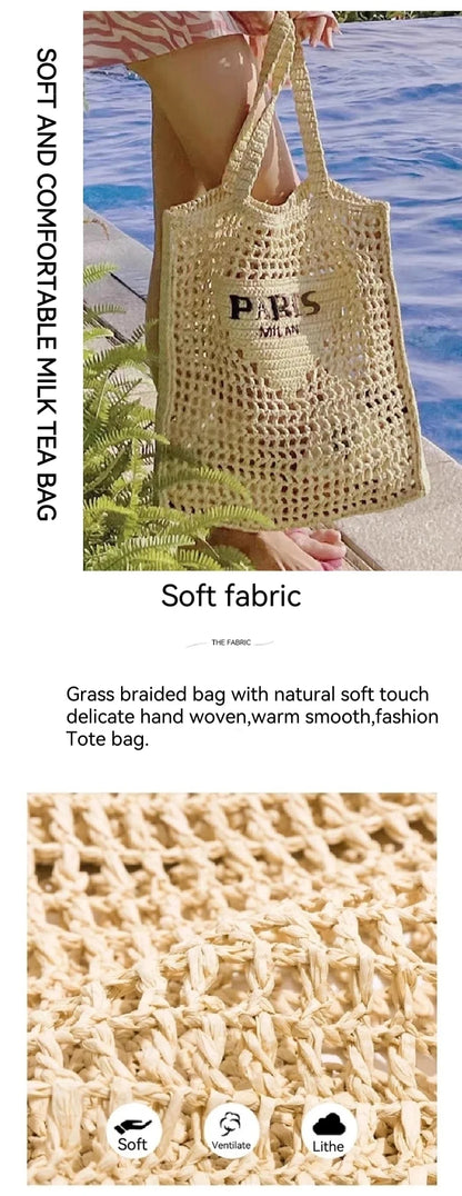 Women's Fashion Large Capacity Handmade Straw Knitting Tote Bag Summer Travel Beach Shoulder Bags Casual Simple Portable Handbag