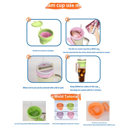 Silicone Ice Cream Cup with Lid & Spoon Ice Cream Container Freezer Storage Container for Stanley 40oz Water Cup Accessories