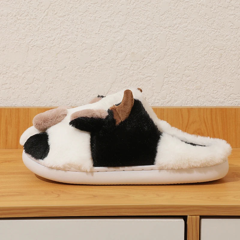 New Winter Unisex Cartoon Cow Warm Plush Slippers Couple's Indoor Non-slip House Slides Men And Women Toe Wrap Home Cotton Shoes