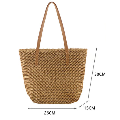 Women Straw Woven Shoulder Bag Solid Color Shoulder Summer Woven Pouch for Women Handmade Traveling Handbags Underarm Bags