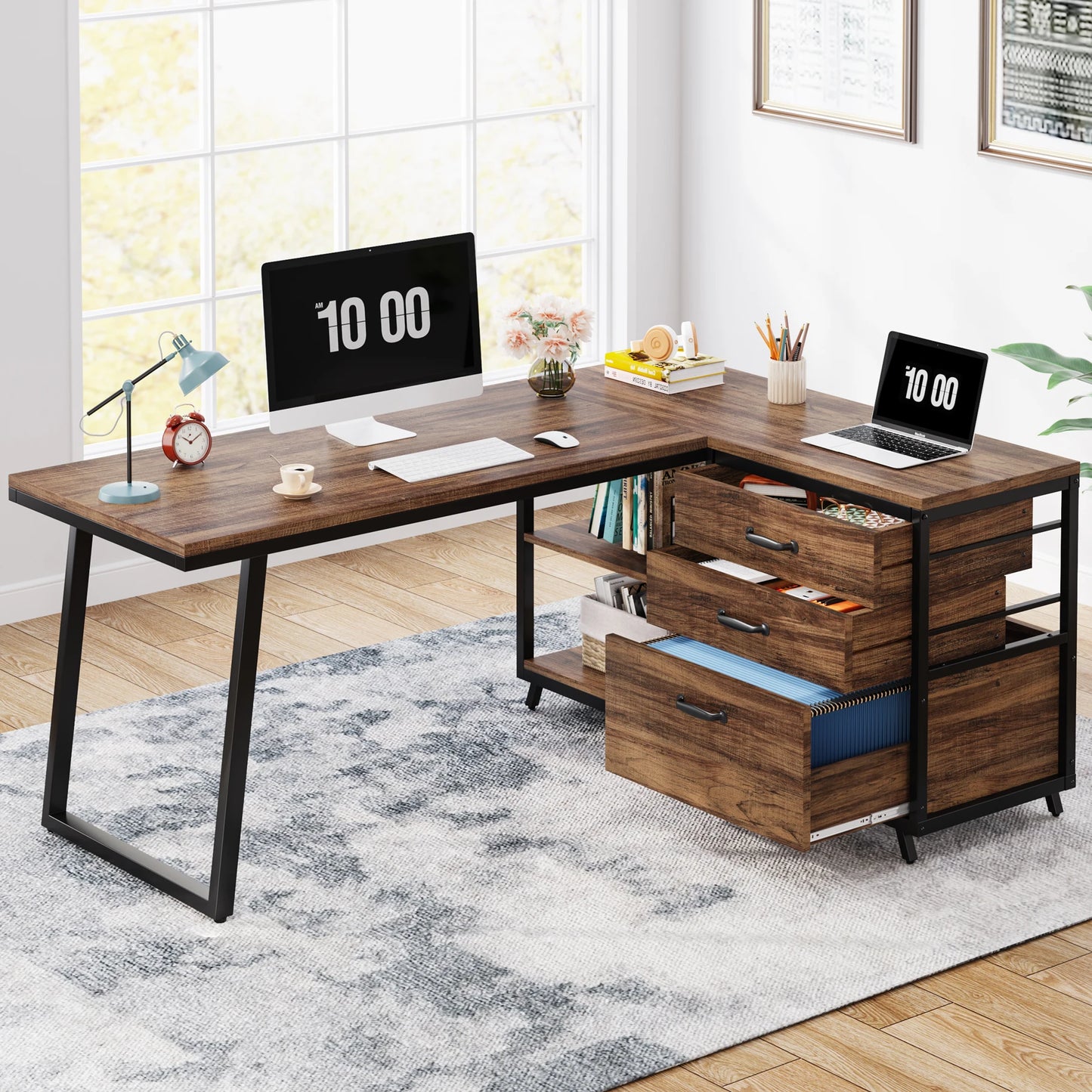 Tribesigns L-Shaped Computer Desk with 3 Drawers, Reversible Corner Home Office Desk with Shelves, 53-Inch Industrial PC Desk St