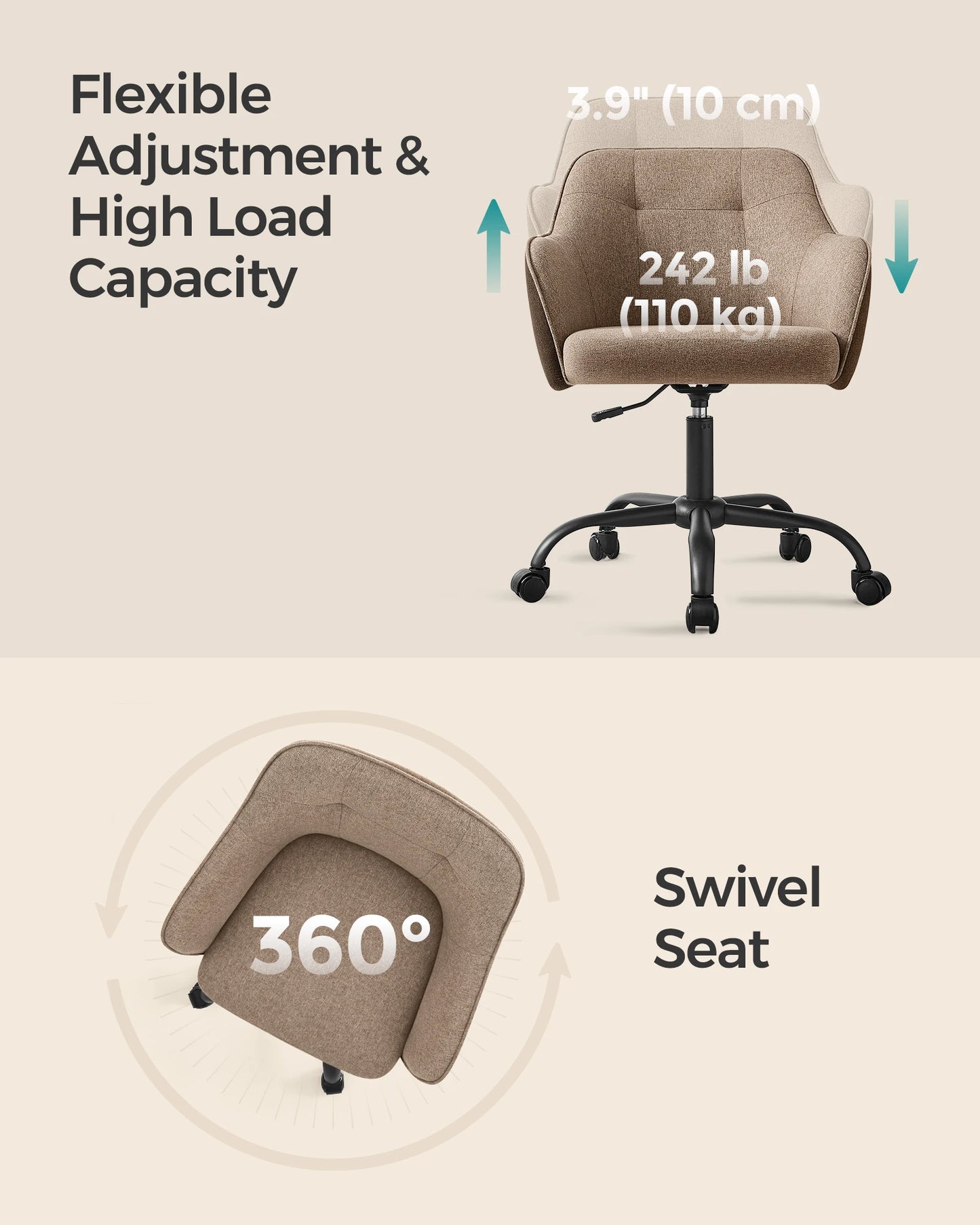 SONGMICS Office Chair, Swivel Chair, Makeup Vanity Chair, Adjustable Height, Armrests, Cotton-Linen Fabric