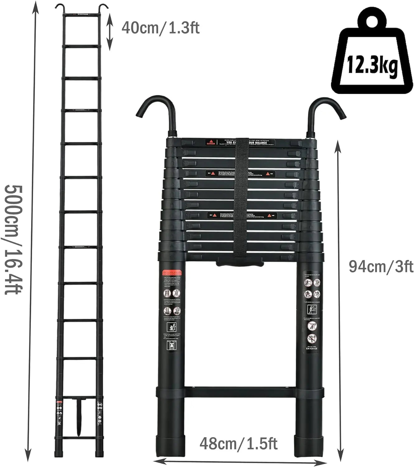 16.5FT 5M Telescopic Ladder with Detachable Hooks Folding Aluminum Extension Ladder Loft Ladder Multi-Purpose Collapsible Ladder