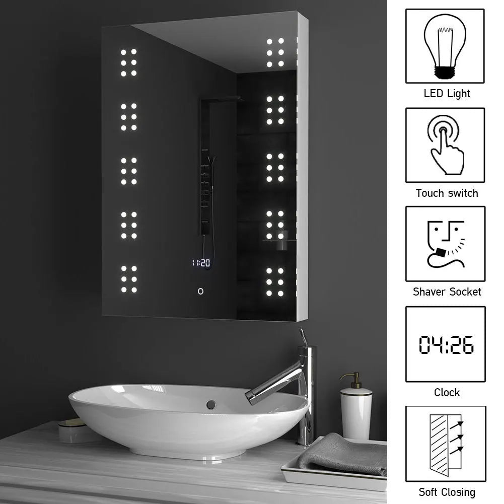 KOMORE 70cm H Rectangle LED Mirror Cabinet for Bathroom with Electric Clock & 2 Shelves & Fast-respond Sensor Switch