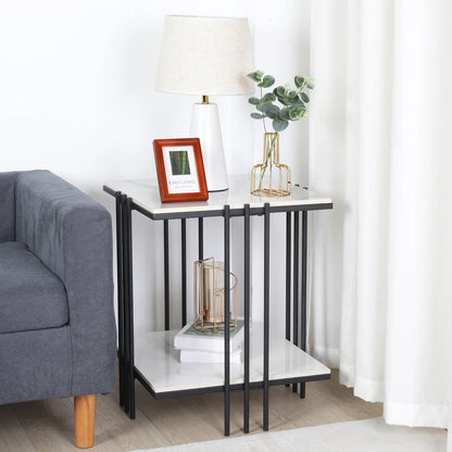 2 Tier Marble Sofa Side End Table, Bedside Tables, Storage Nesting Table, Black Metal Frame, Home Furniture