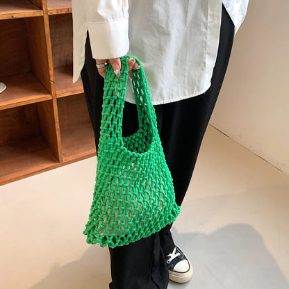 Women Braid Handbag Cotton Linen Top Handle Bag Woven Basket Bag Net Shopper Bag