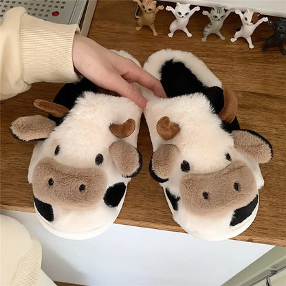 Winter Cow Cotton Slippers Cartoon Warm Plush Slides Shoes Couple's Indoor Non-slip Slides House Men and Women Home Flip Flops