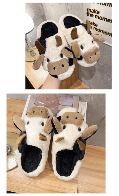 Pallene Women Winter Fur Fuzzy Slippers Cute Cartoon Cow Plush Slippers Indoor Warm Comfy House Slides Soft Casual Cotton Shoes