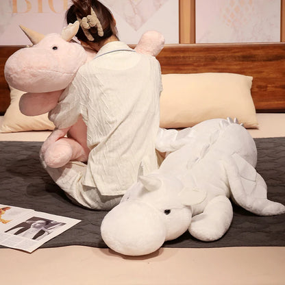 1pc 70-150cm Giant White Dragon Plush Toy With Unicorn Horn Flying Wings Dragons Dinos Hug Throw Pillow Dinos Nap Sleeping Gift