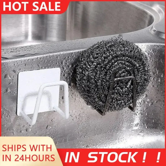 Sink Sponge Rack Drain Storage Shelf Stainless Steel Kitchen Wire Ball Rag Organizer Holder Self Adhesive Storage Rack Wall Hook