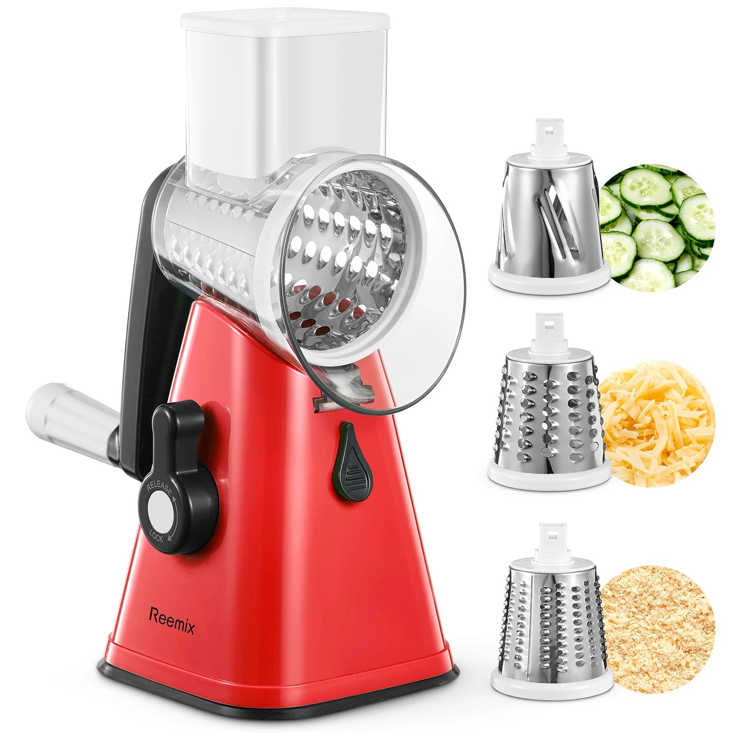 Rotary Cheese Grater, Reemix Rotary Vegetable Slicer, Rotary Kitchen Mandoline Vegetable Slicer with 3 Replaceable Stainless Ste