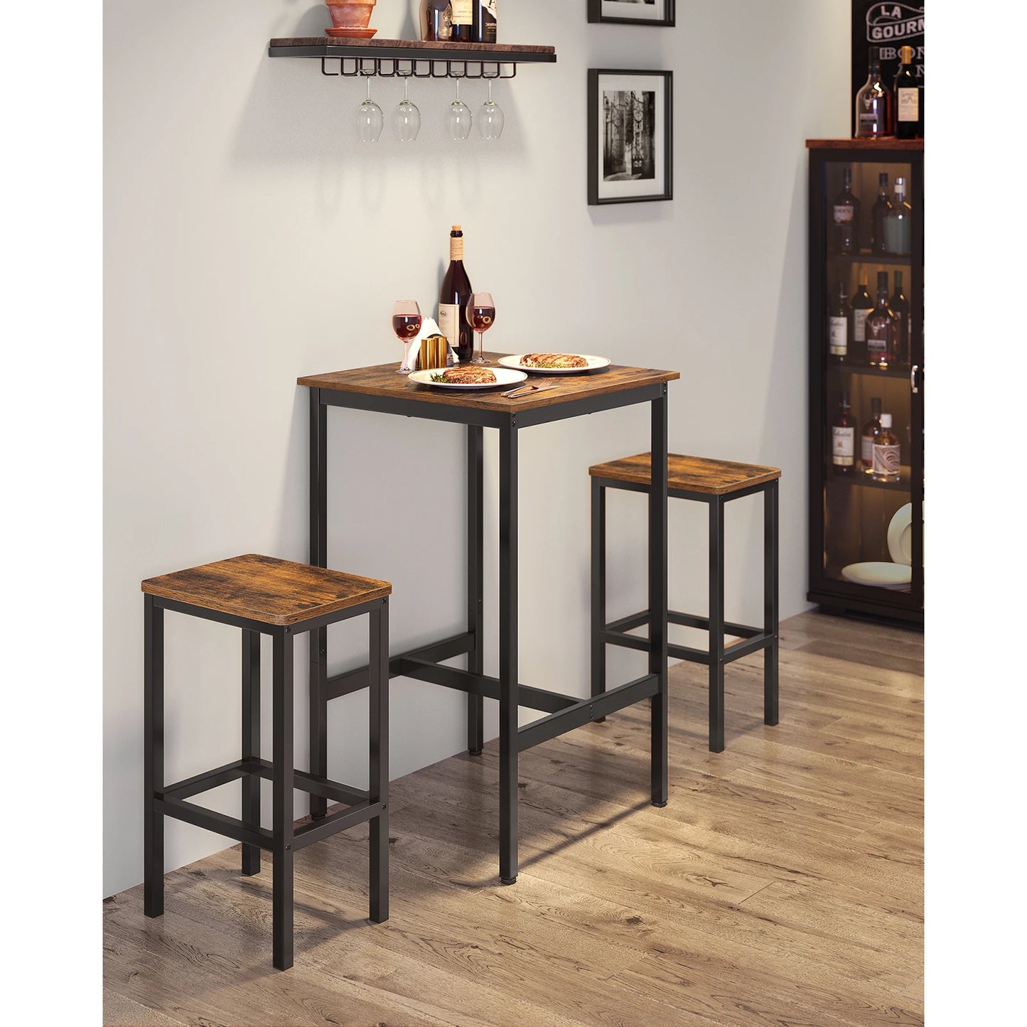 VASAGLE Bar Table and Chairs Set, Square Bar Table with 2 Bar Stools, Dining Pub Bar Table Set for 2, Space Saving for Kitchen