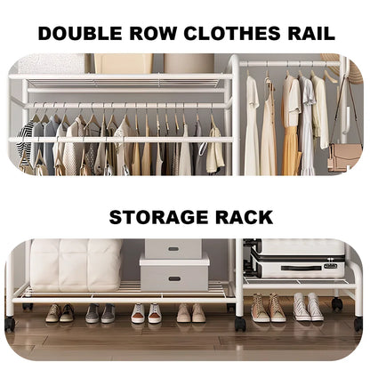 [EU UK Stock]Coat Rack Movable Double Clothes Shelf Clothes Floor-Standing Bedroom Wheeled Floor Hangers Storage Coat Rack