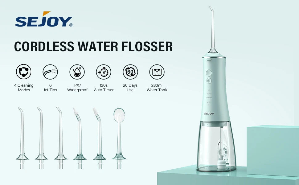 Sejoy Water Dental Flosser Portable Teeth Picks 6 Jets 4 Modes Cordless Oral Irrigator Rechargeable IPX7 Teeth Cleaner