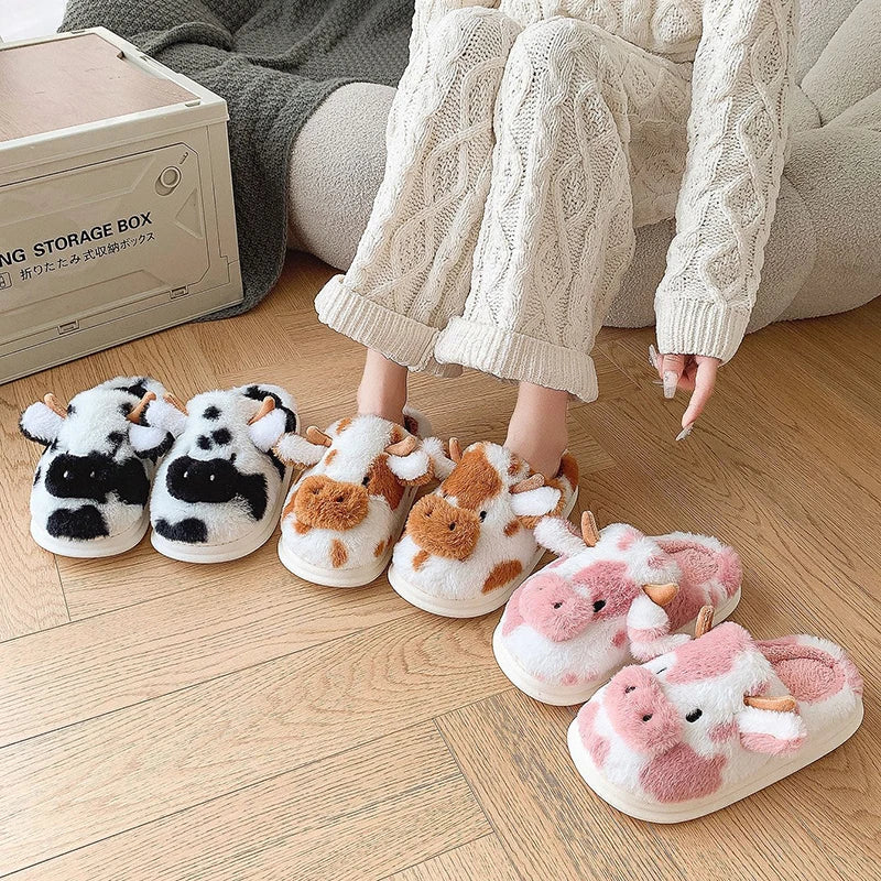 Women's Winter Warm Cartoon Cow Slippers Closed Toe Non Slip Furry House Shoes Women Indoor Bedroom Thick Sole Plush Slippers