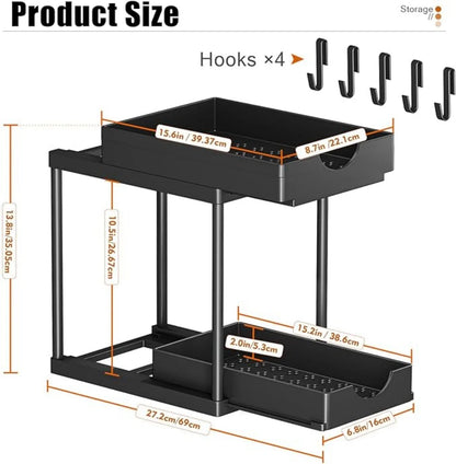 2 Tier Under Sink Organizer Sliding Cabinet Basket Organizer Drawer Under Sink  Rack with Hook Bathroom Kitchen Organizer Cosina